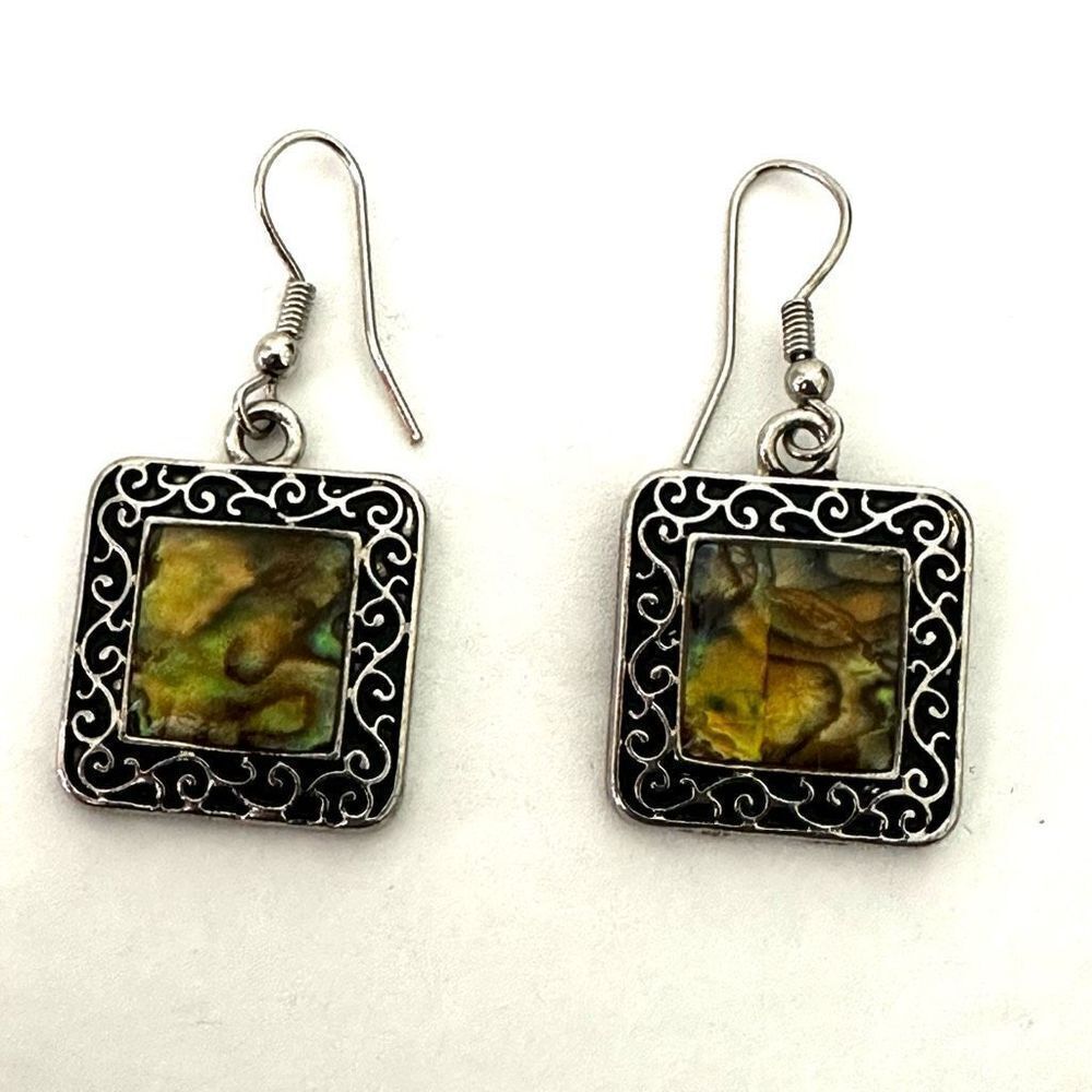 Silver tone abalone square  drop earrings